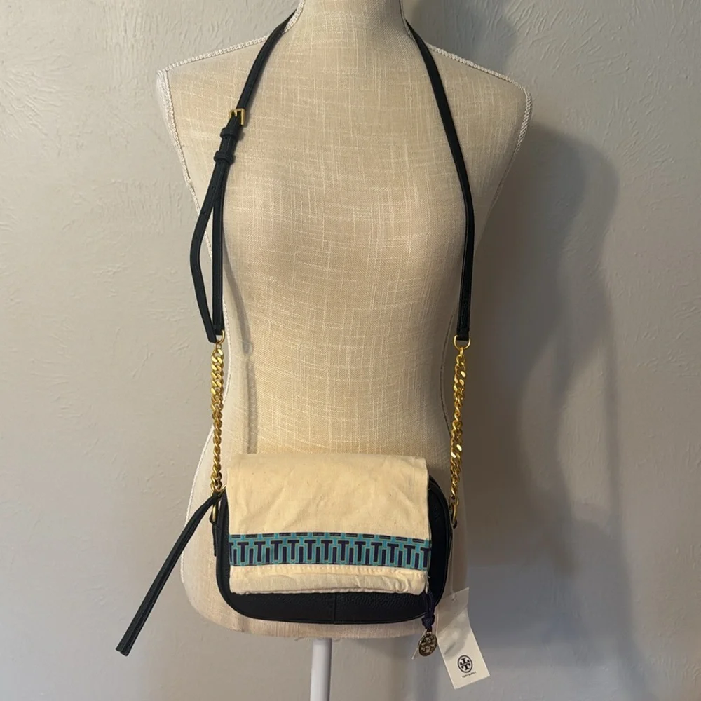 Tory Burch Black Pebbled Leather Camera Bag with Gold Chain